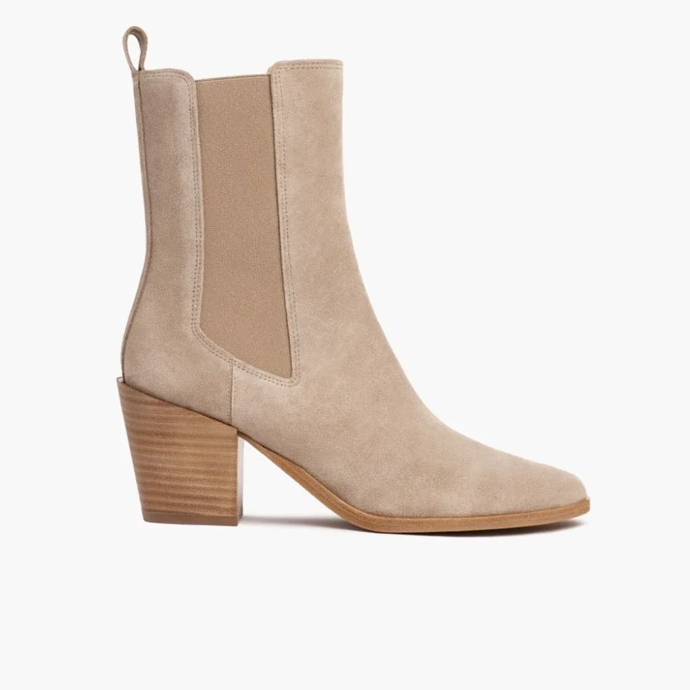 Thursday Boot Soho Taupe Suede Square Toe Chelsea Boots Sand 8 Stacked Heel